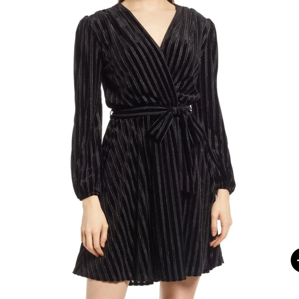 Fraiche By J Nordstrom Long Sleeve Striped Black Velvet Wrap Dress Size M